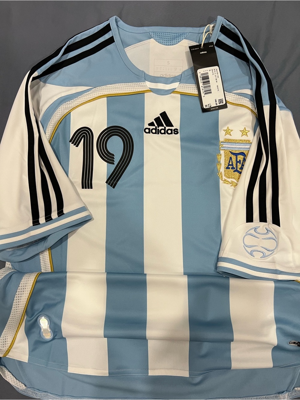 adidas Light Blue & White Striped Soccer Jersey with Gold Trim